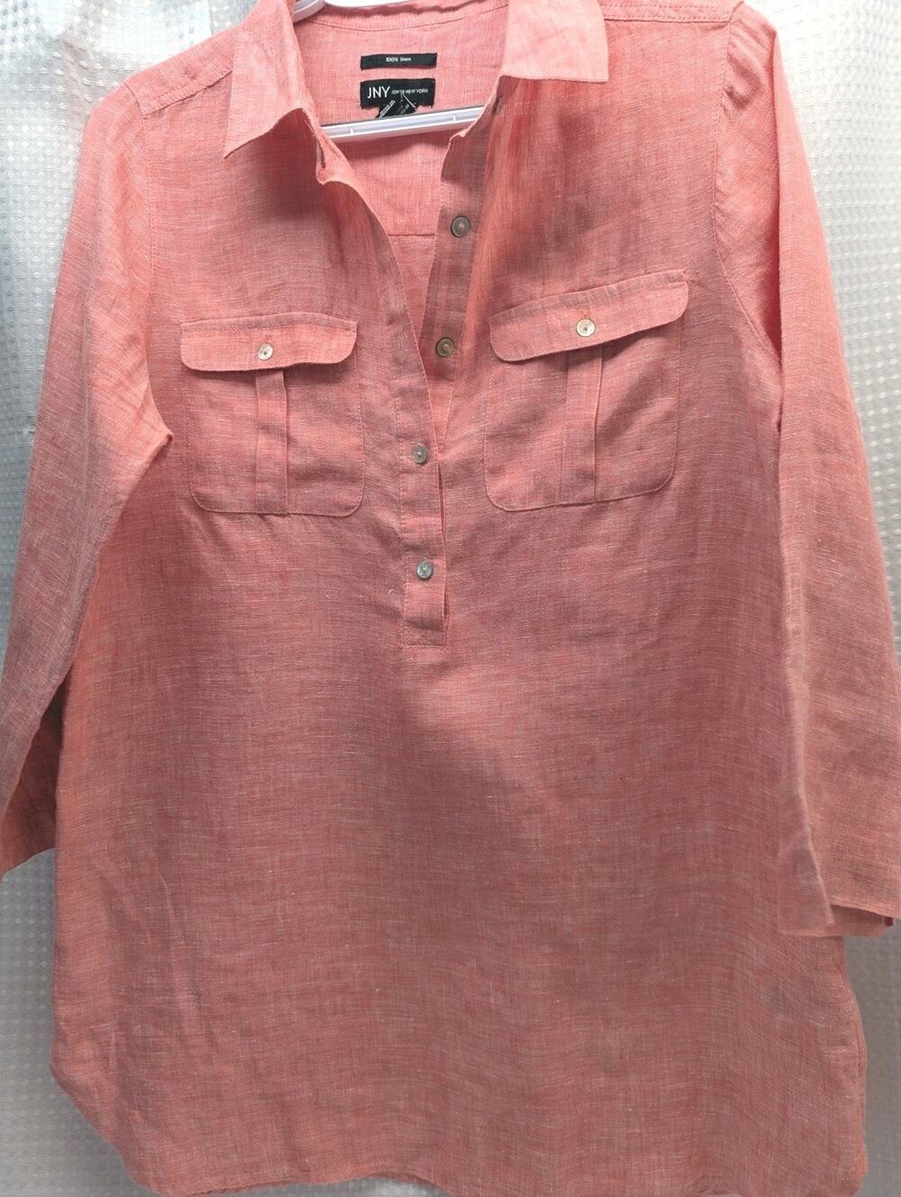 JNY Jones New York Women’s Linen Tunic Top Size S Red 3/4 Sleeve Button Pocket